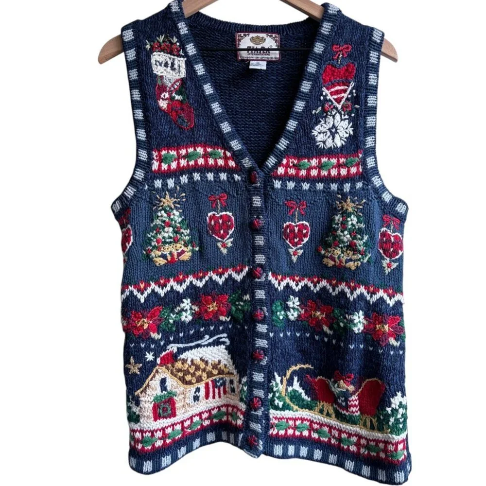 Vintage Tiara International Ugly Christmas Sweater Vest M Granny Cozy Novelty - Picture 1 of 4